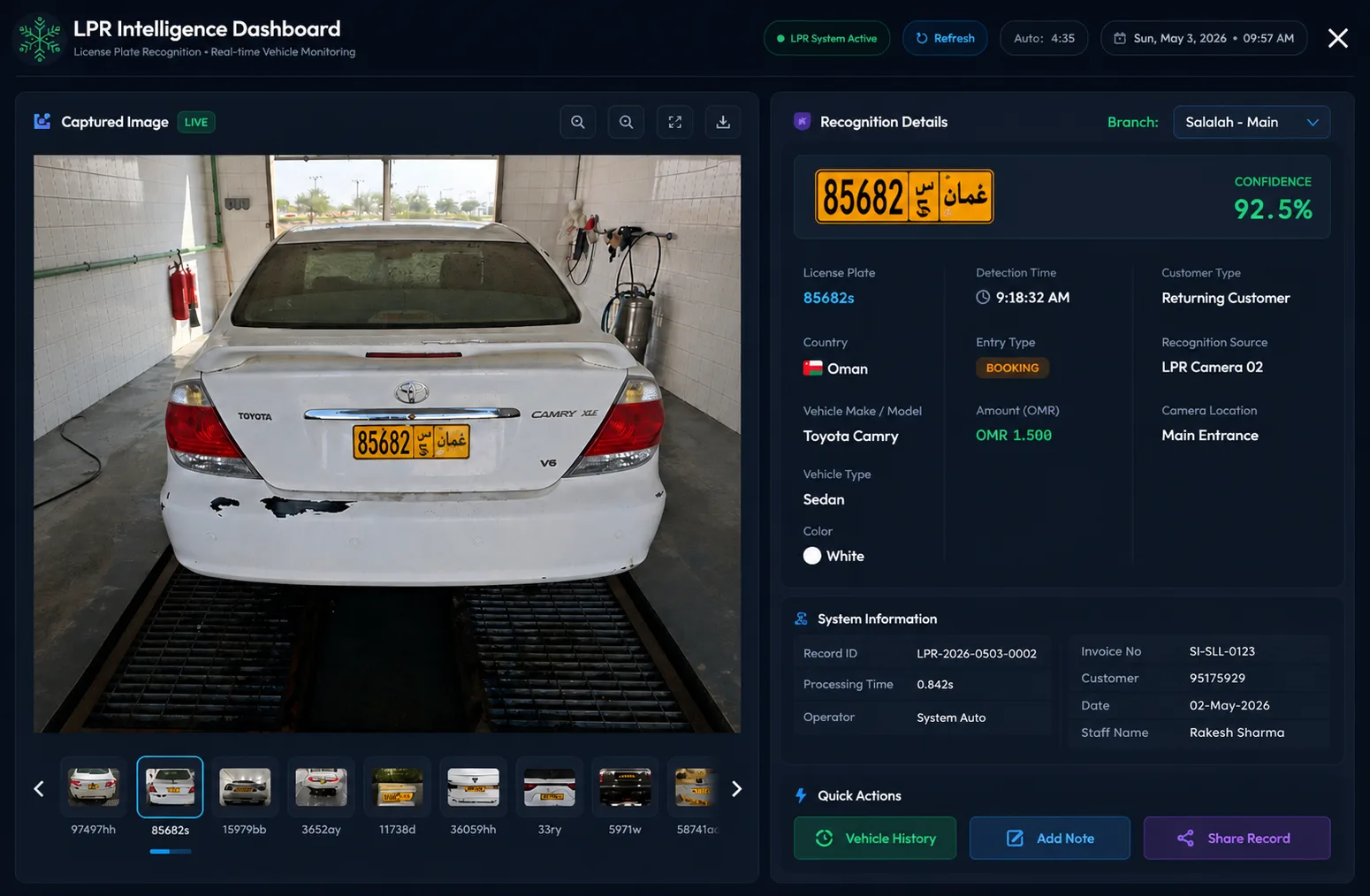 Crystal Cars LPR screen showing live license plate read, vehicle type detection, and billing pre-population at a car wash station in Oman