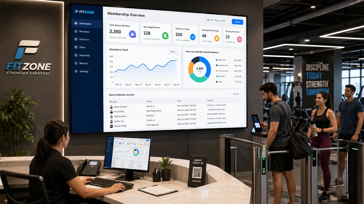 Gym reception desk in Muscat with a digital membership management dashboard open on a monitor