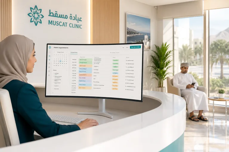 Clinic reception desk in Muscat with a digital patient management dashboard open on a monitor