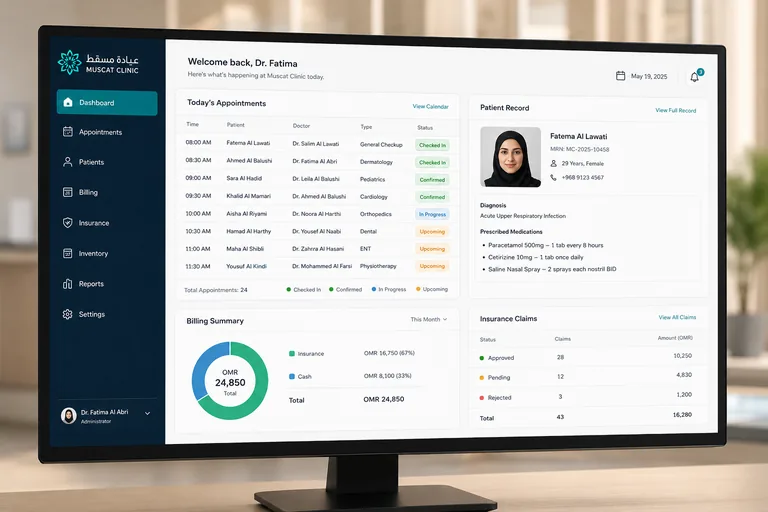 Crystal Clinic management dashboard showing appointment schedule, patient records, billing overview, and insurance claims status