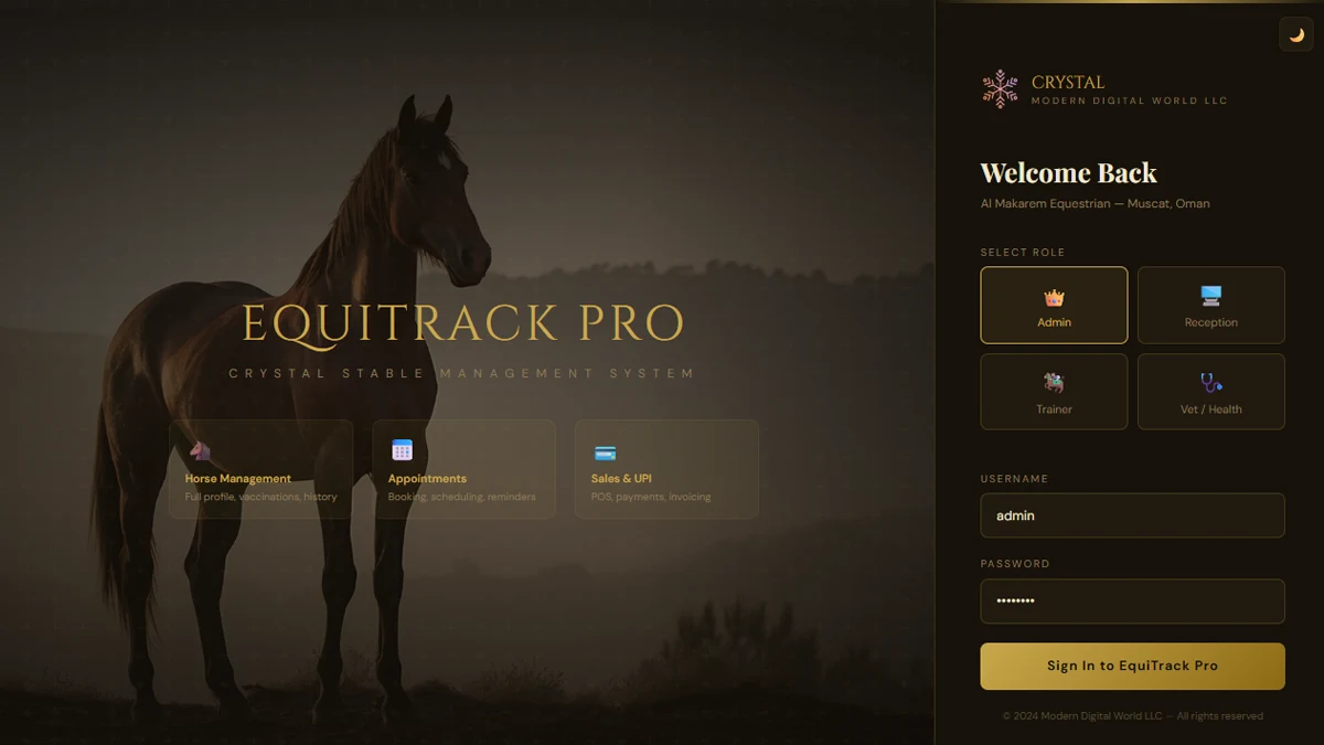 Equestrian stable in Oman with horses in stalls and a digital management dashboard