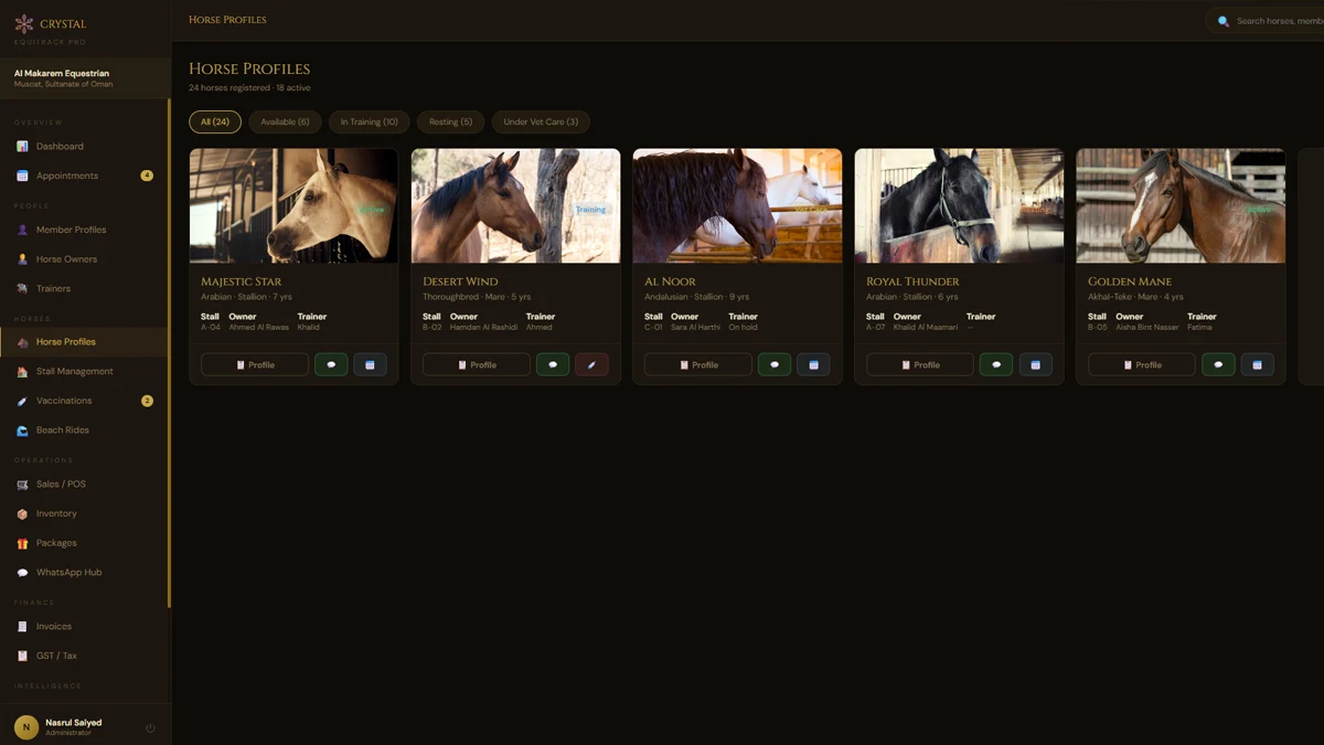 Crystal EquiTrack Pro dashboard showing horse profiles, stall occupancy, vaccination schedule, and billing summary