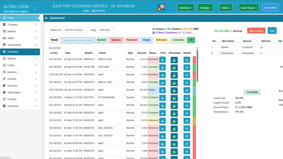 Staff managing orders at a laundry counter with a tablet running Crystal Clean software