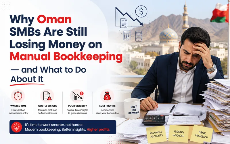 Small business owner in Oman reviewing paper receipts and handwritten expense ledger