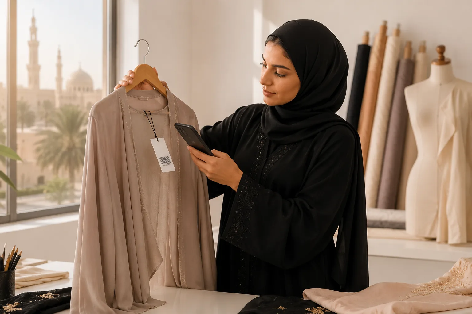 Fashion designer in Oman scanning a barcode tag on an abaya with a mobile phone