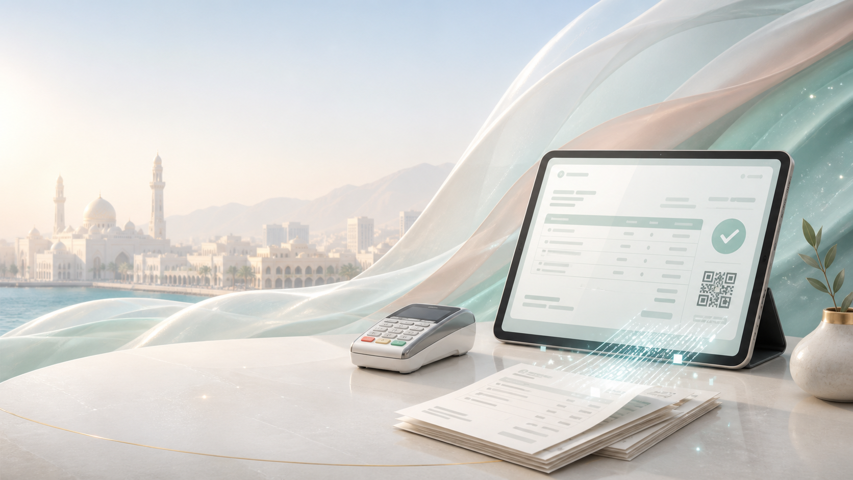 Verified electronic invoice displayed on a tablet in an Omani business setting