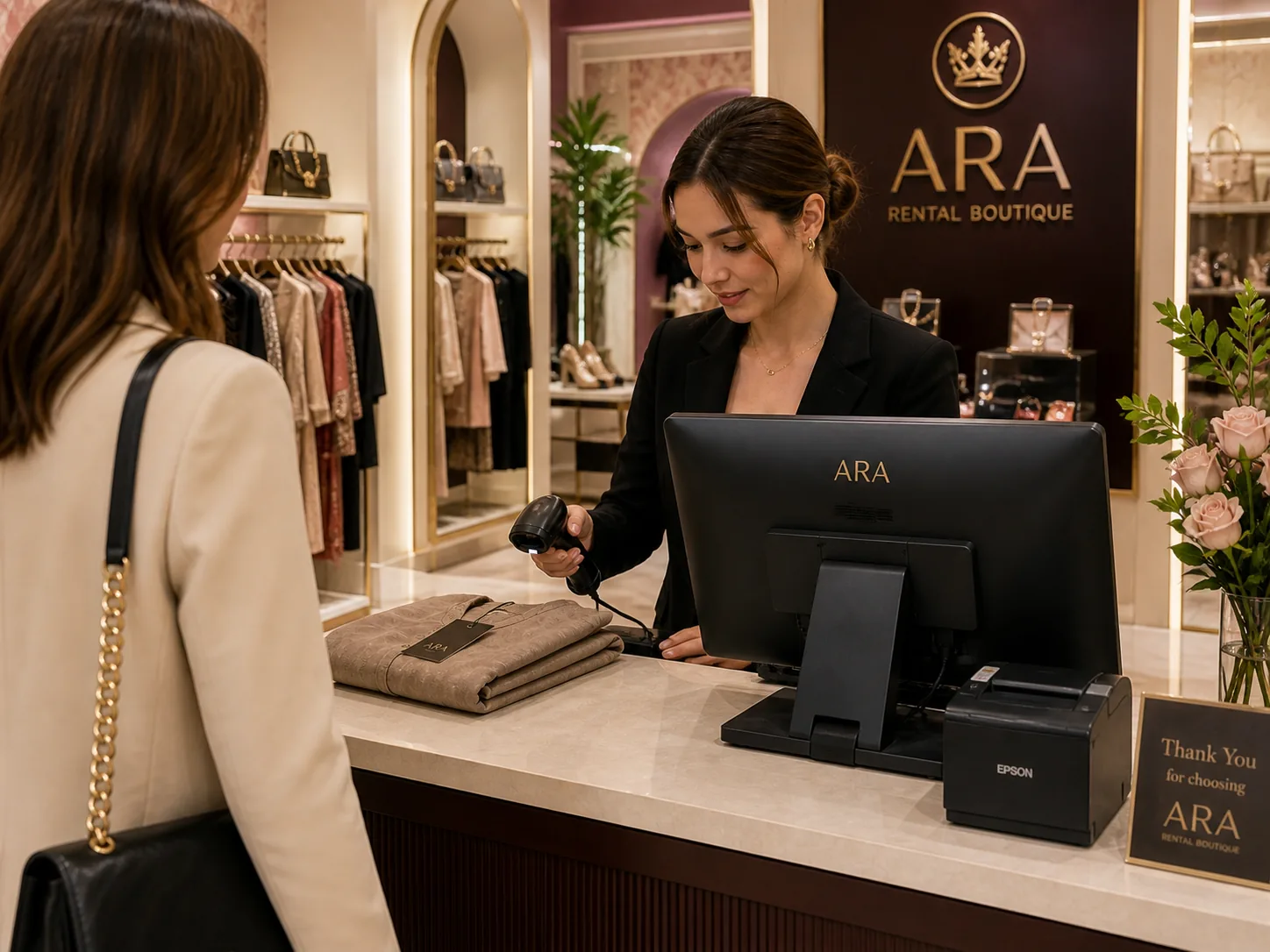 Fashion store POS checkout counter with barcode scanner and SoftPOS terminal — Crystal for Boutiques