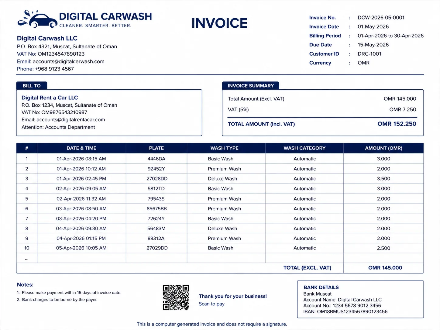 Crystal Cars monthly corporate billing screen showing vehicle annexure with plate numbers, wash types, dates and amounts for fleet client in Oman