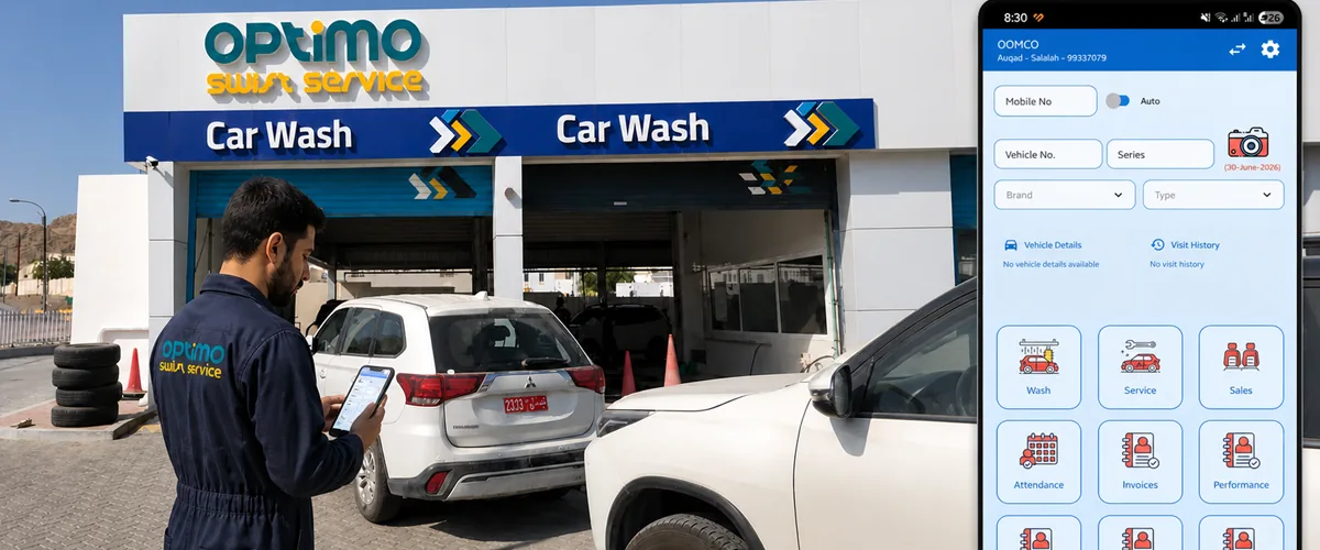 Crystal Cars dashboard showing car wash bay status, vehicle queue, and real-time revenue on a supervisor screen in Oman