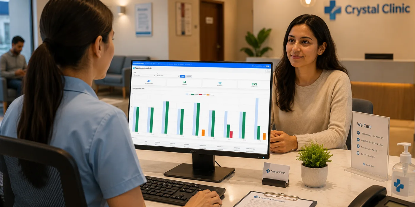 Crystal Clinic appointment calendar showing doctor columns, booked slots, and patient queue for the day