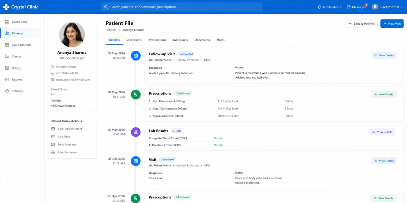 Crystal Clinic patient medical record screen showing consultation history, prescriptions, and lab results