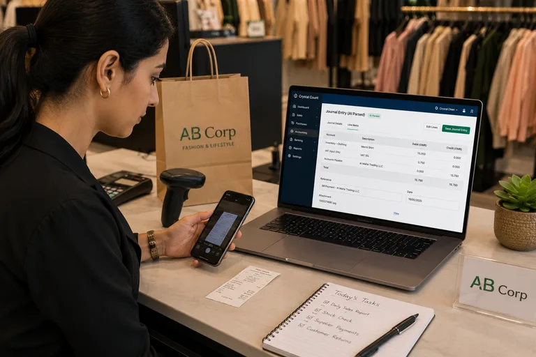 Crystal Count AI Receipt Scan screen showing camera capture interface, extracted invoice data, and auto-generated journal entry