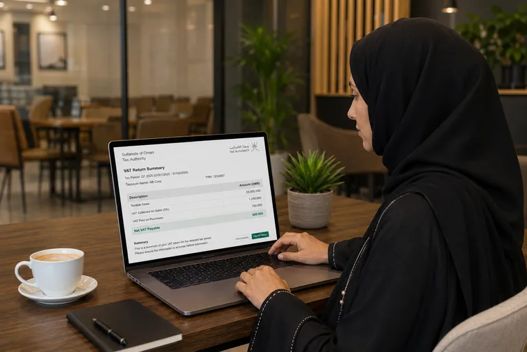 Crystal Count VAT Report screen showing output VAT, input VAT, net VAT payable summary for Oman Tax Authority quarterly filing