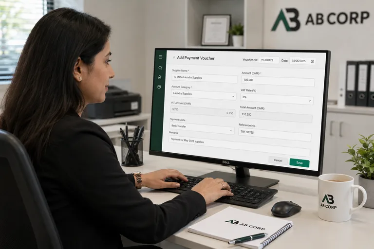 Crystal Count voucher entry screen showing Record Expense form with account selection, amount, VAT breakdown, and draft/post controls