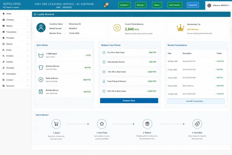 Crystal Clean reward points configuration screen showing earn rate, point value, and redemption threshold settings for a laundry branch in Oman