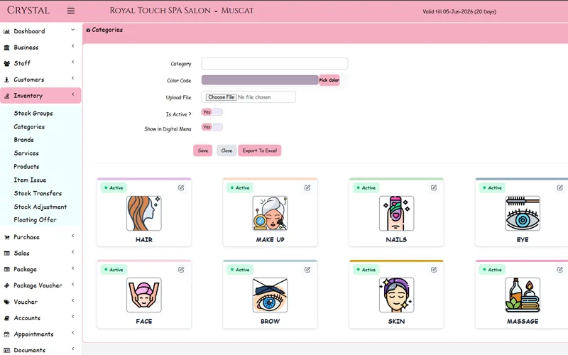Crystal Café inventory screen showing stock levels, low-stock alerts, and wastage log for a café in Oman
