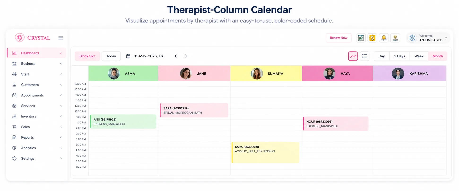Crystal for Spa & Salon appointment calendar showing therapist columns with booked sessions, client names, and service blocks