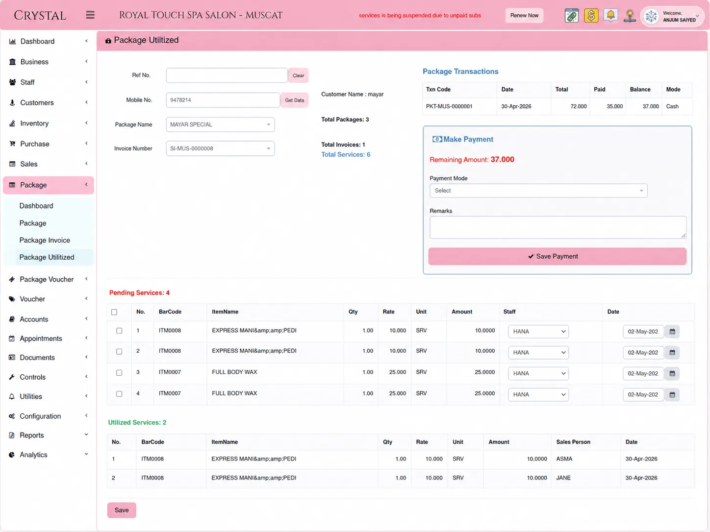 Crystal Spa & Salon package creation screen showing service bundles, validity period, discount and partial payment options