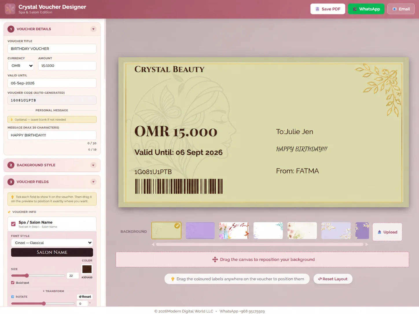 Crystal Spa & Salon gift voucher designer showing branded voucher canvas with barcode, amount, and personal message fields